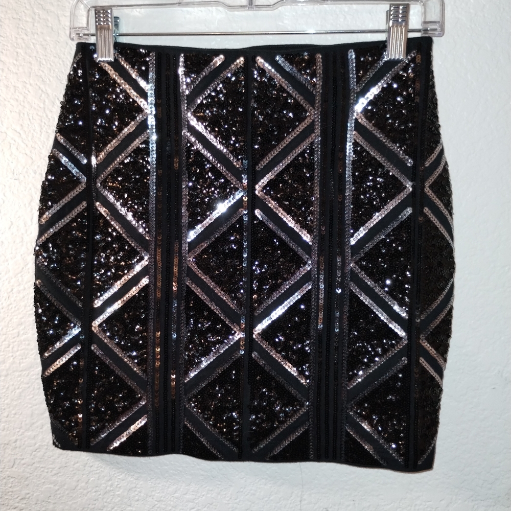 Express Mini Skirt Black Silver Sequins sz Extra Small